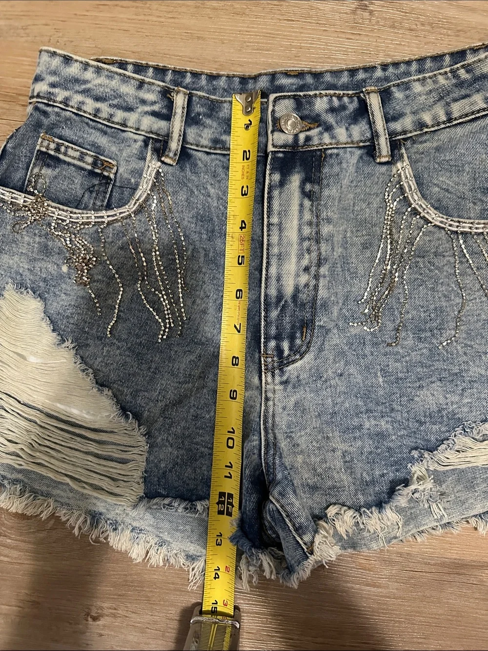 Rhinestone Fringe Distressed Denim Shorts - Blue